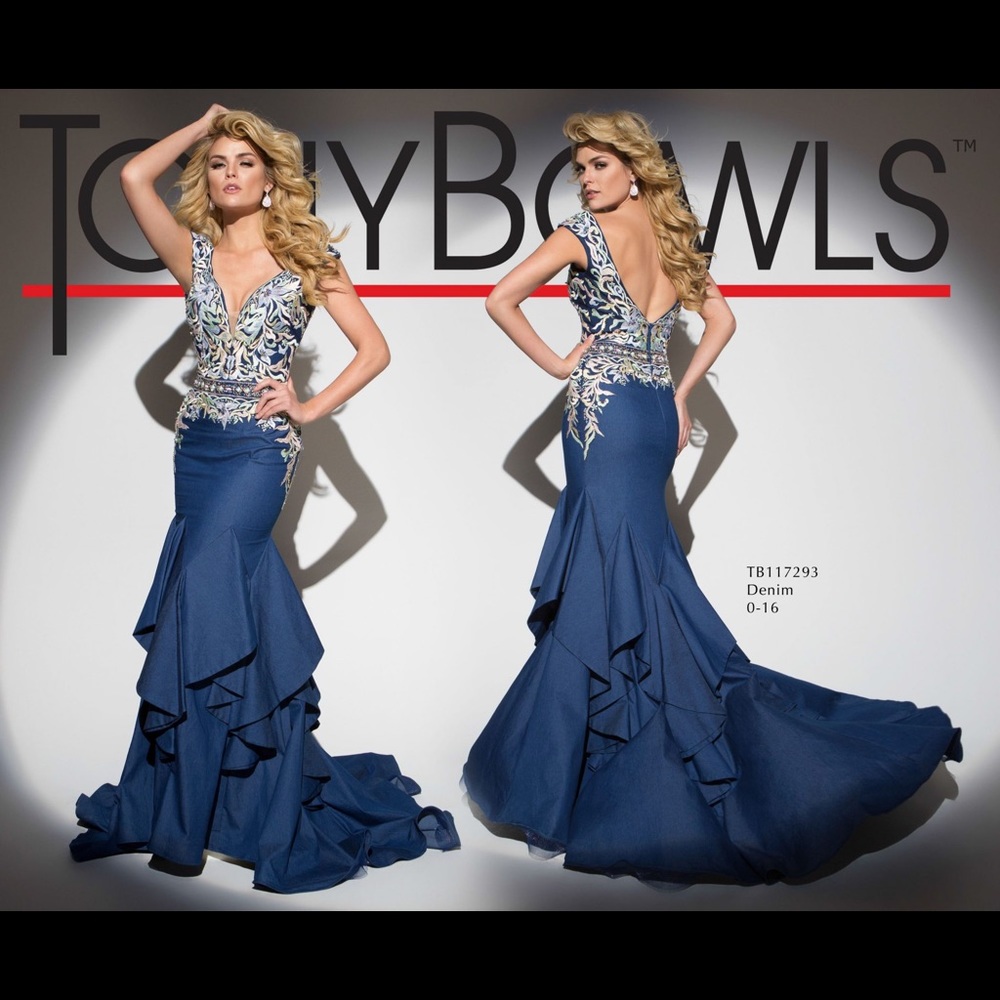 Tony Bowls denim evening gown
